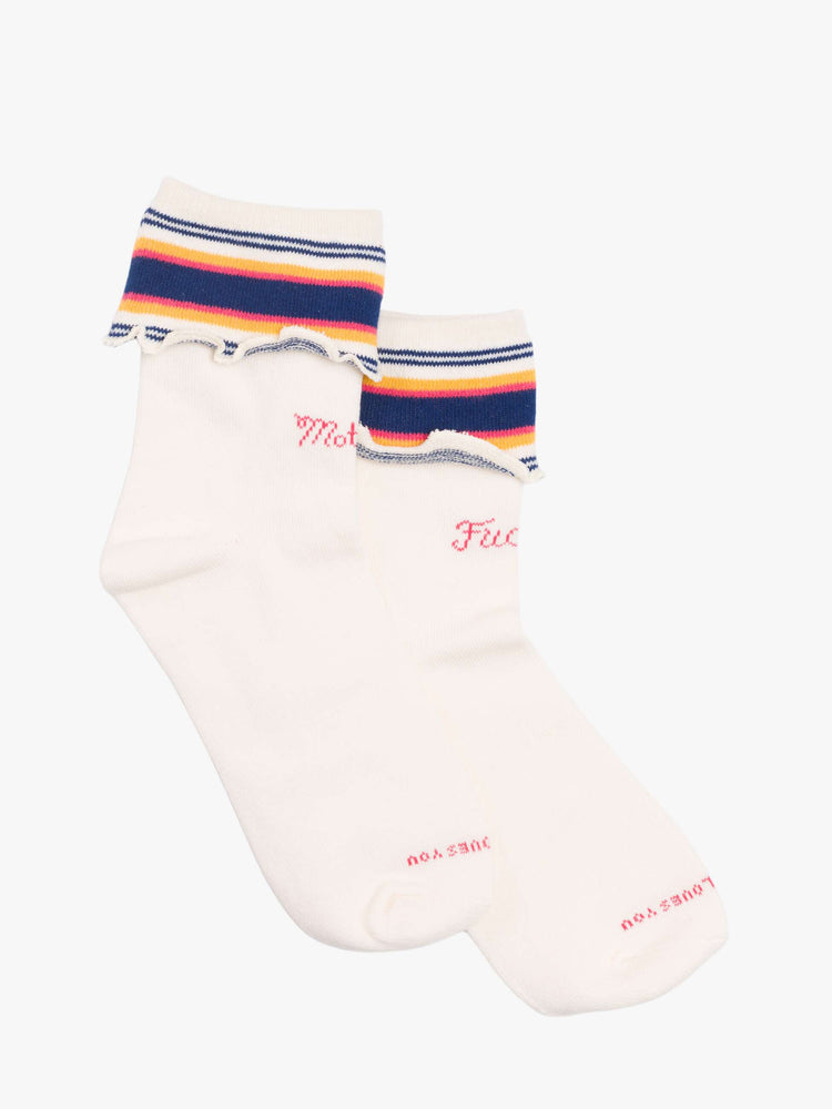 Side flat view of ankle-length tube socks with a folded design and ruffled hem.
