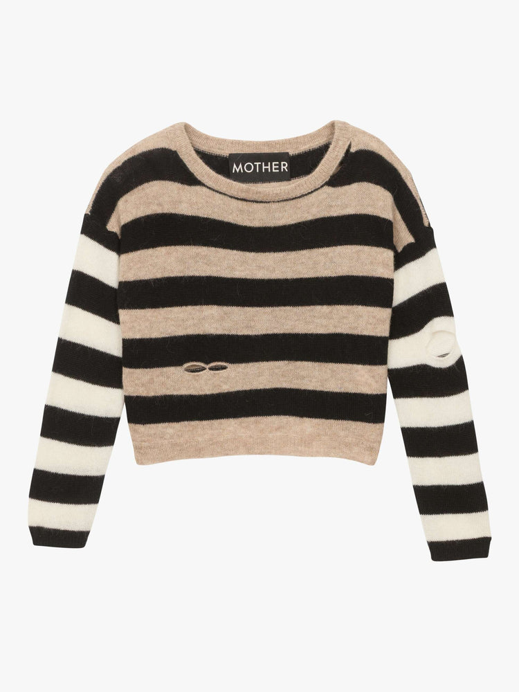 Flat of a boatneck sweater with drop shoulders, ribbed hems and a slightly cropped fit. 