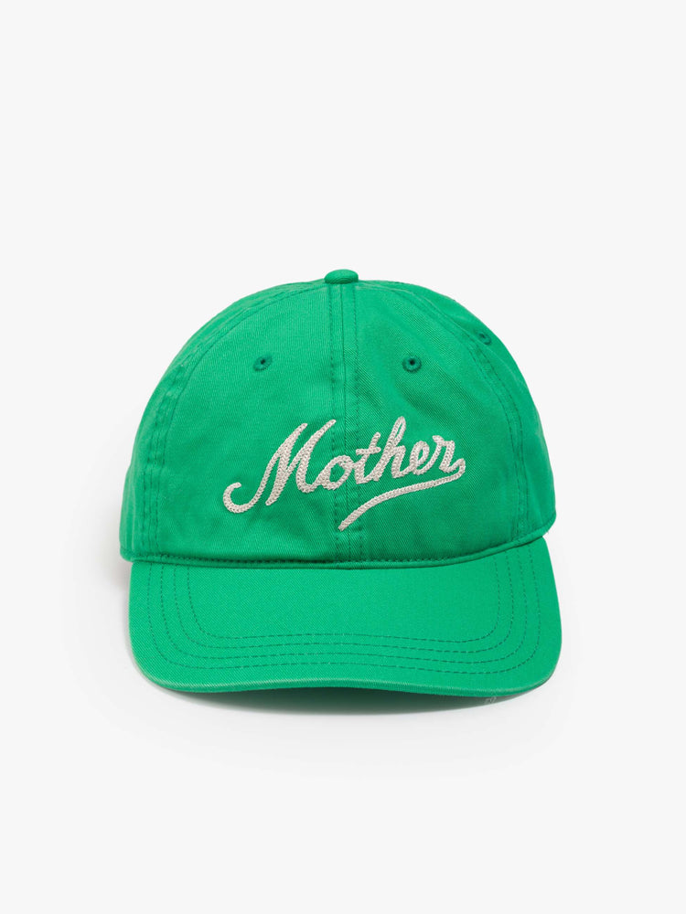 Flat view of a woman in a dad hat designed in green 100% cotton with MOTHER's name embroidered in cream text on the front.