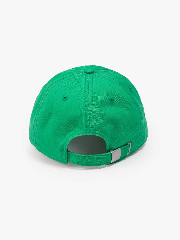 Flat view view of a woman in a dad hat designed in green 100% cotton with MOTHER's name embroidered in cream text on the front.