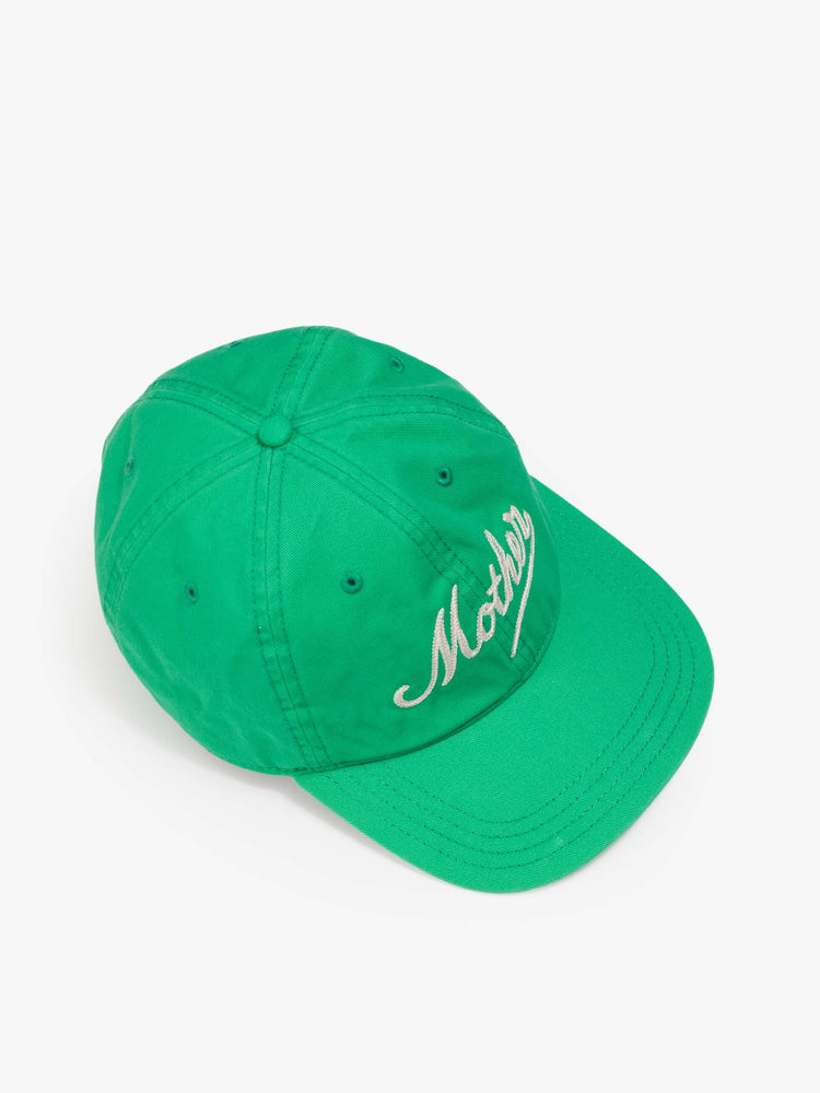 Flat top view of a woman in a dad hat designed in green 100% cotton with MOTHER's name embroidered in cream text on the front.