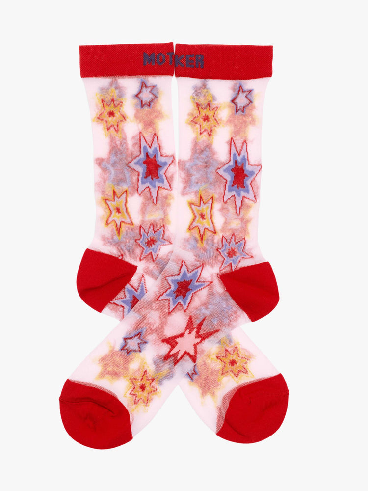 Flat side view of a twist on classic tube socks, The Step Up in Kaboom is designed in a translucent white fabric with colorful stars, red trim and navy text.