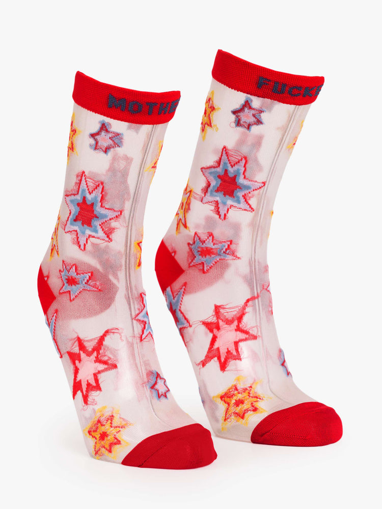 Flat view of a twist on classic tube socks, The Step Up in Kaboom is designed in a translucent white fabric with colorful stars, red trim and navy text.
