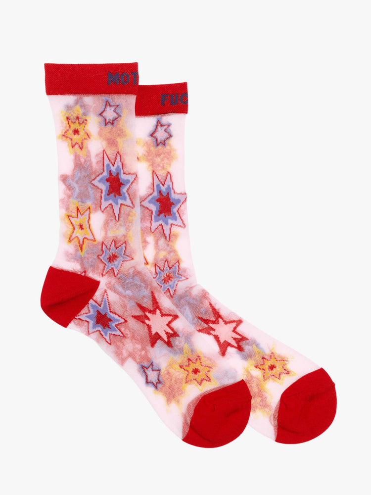 Side flat view of a twist on classic tube socks, The Step Up in Kaboom is designed in a translucent white fabric with colorful stars, red trim and navy text.