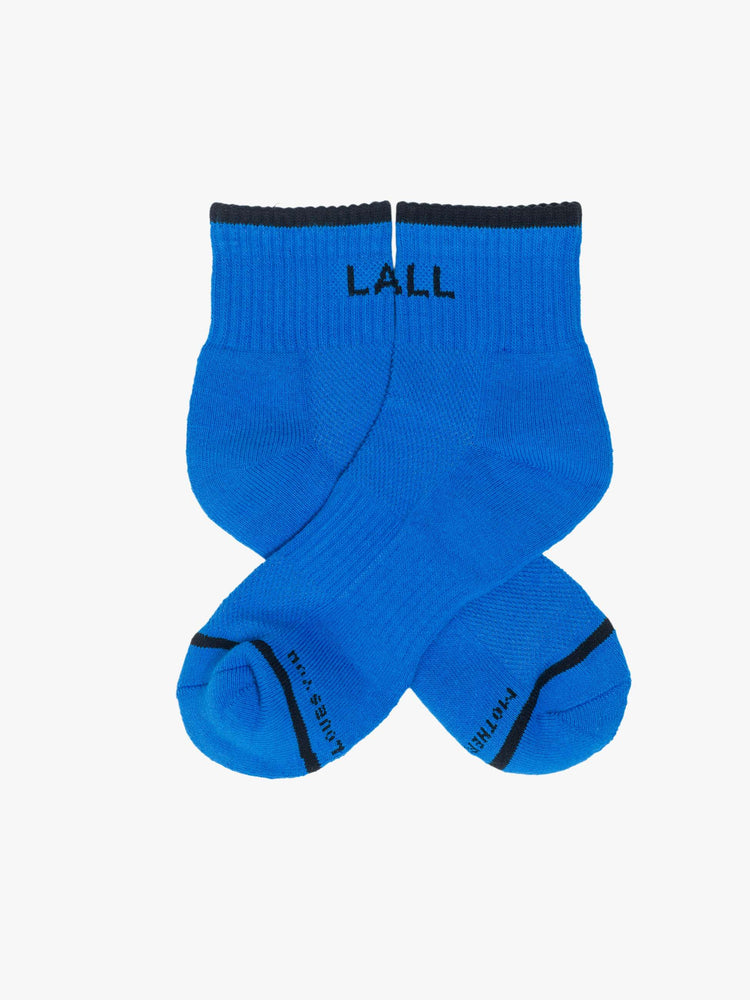 Flats ankle-length tube socks in blue with black text and details.