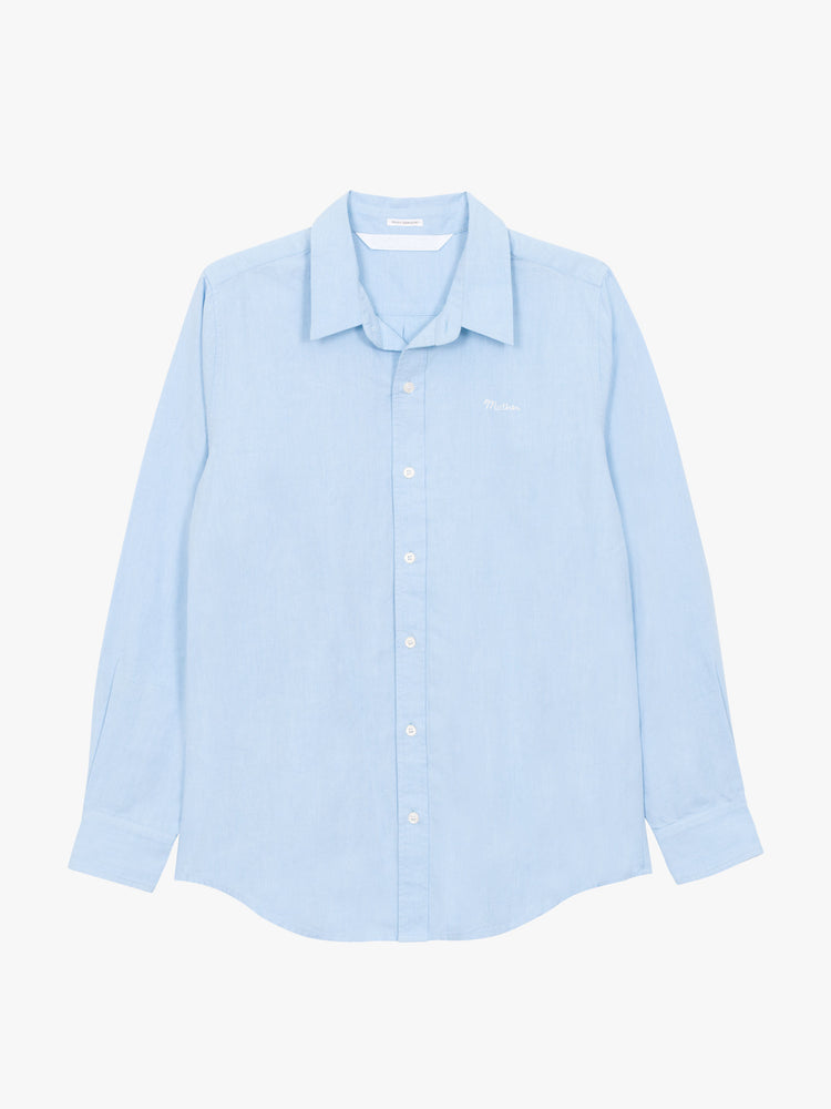 Flat view of a light blue button up shirt featuring "Mother" embroidered on the side chest.