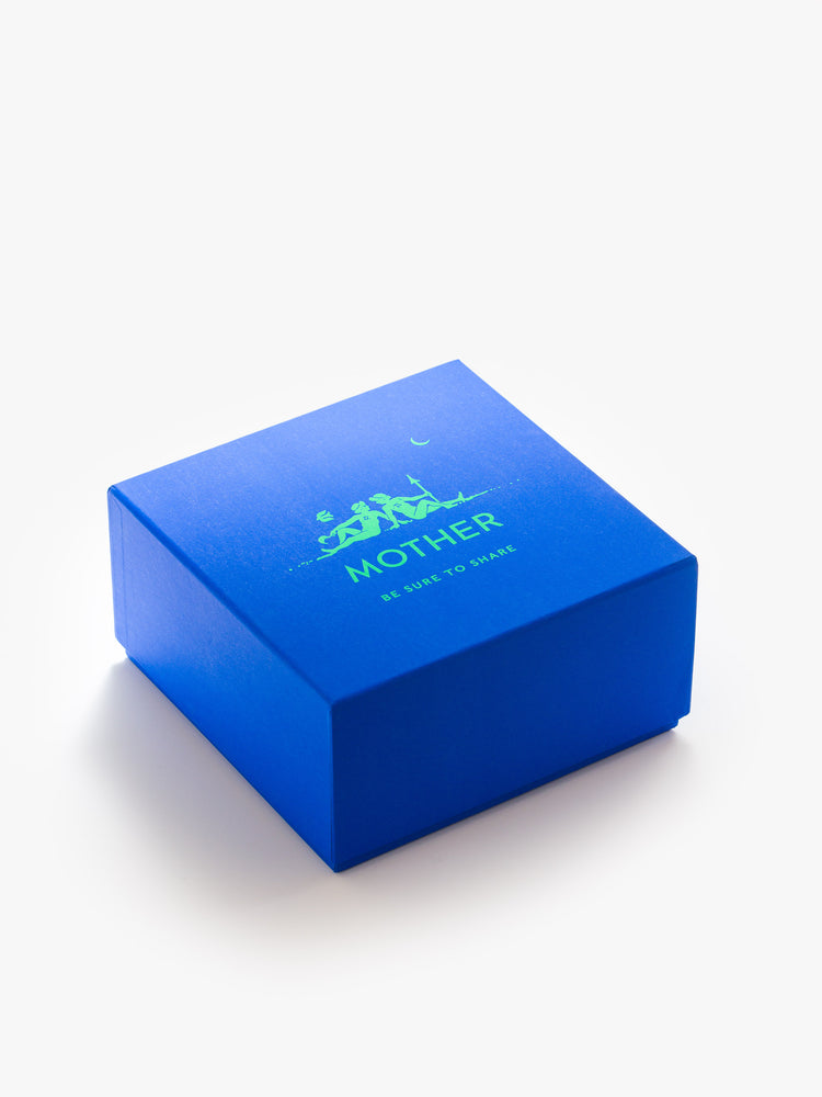 Flat image of a blue square box with a green graphic reading "MOTHER".