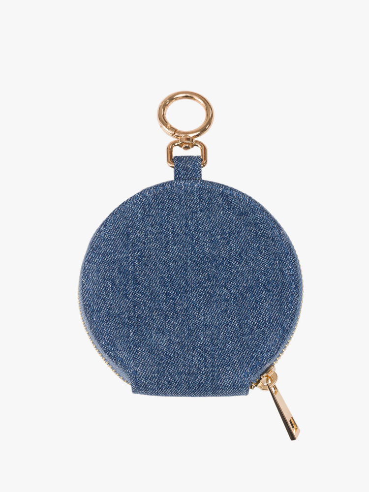 Back view of a Stash wallet designed in classic blue denim with MOTHER embroidered across the front in red, a zip closure and a 1-inch key ring.