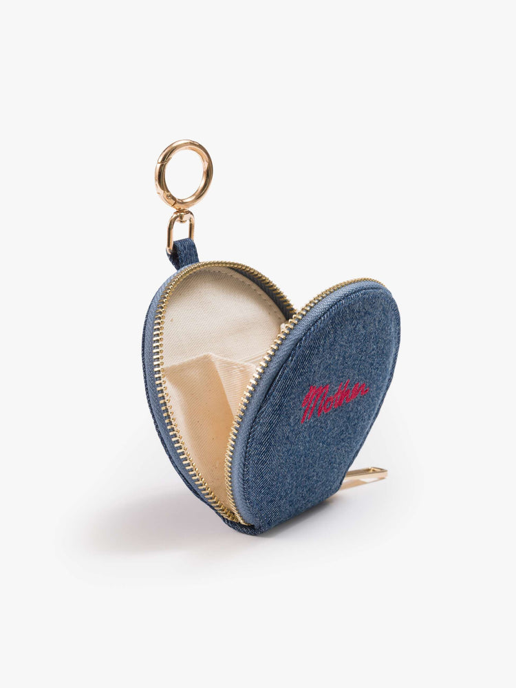 Open view of a Stash wallet designed in classic blue denim with MOTHER embroidered across the front in red, a zip closure and a 1-inch key ring.