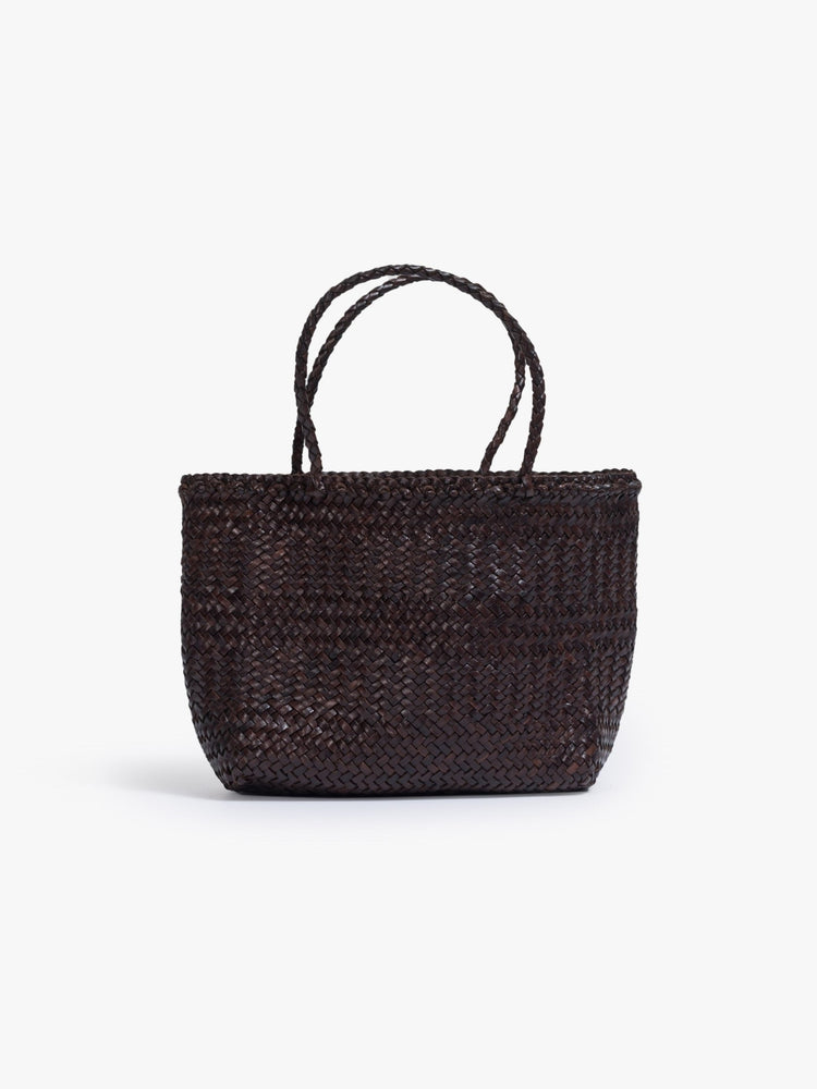Front view of a dark brown woven tote bag.