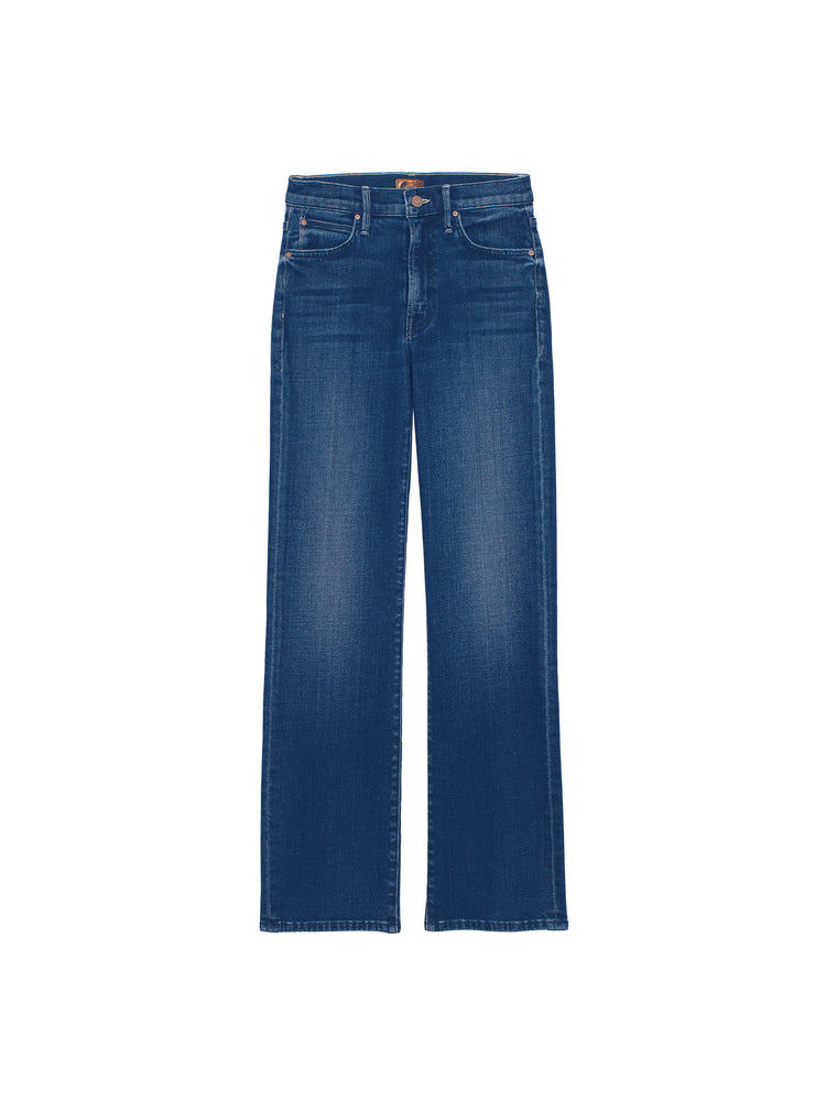 Flat of a dark denim jean featuring a wide straight leg and high rise.
