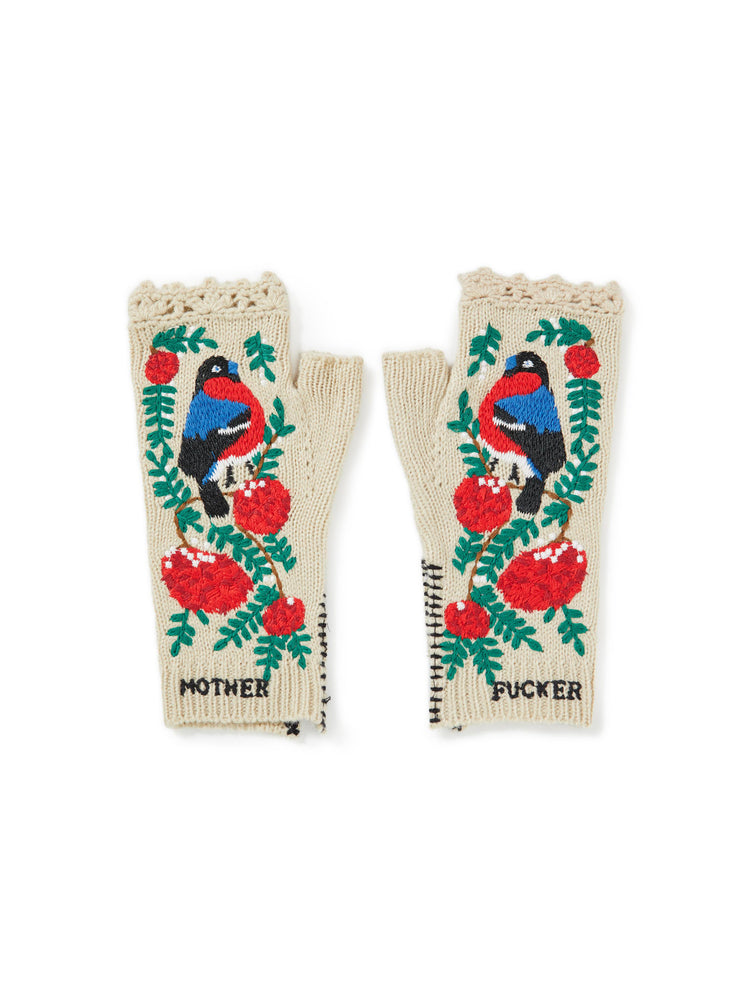 Flat of a pair of gloves with bird and flower embroideries with the words "MMOTHER" and "FUCKER".
