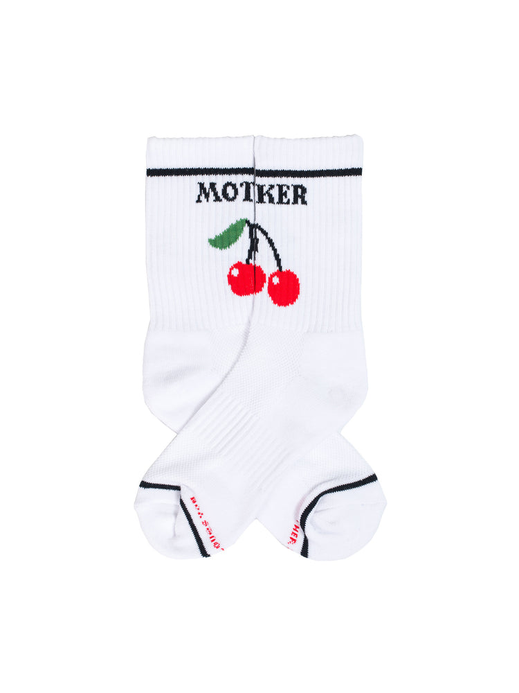 Flat of a pair of white socks featuring a pair of cherries and text in black.