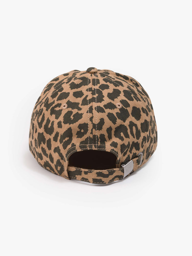 Flat back view of  a dad hat designed in leopard print with MOTHER's name embroidered in red cursive on the front.