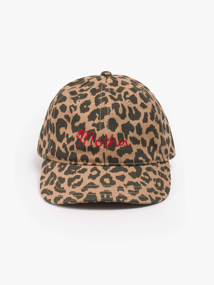 Flat view of a woman in a dad hat designed in leopard print with MOTHER's name embroidered in red cursive on the front.