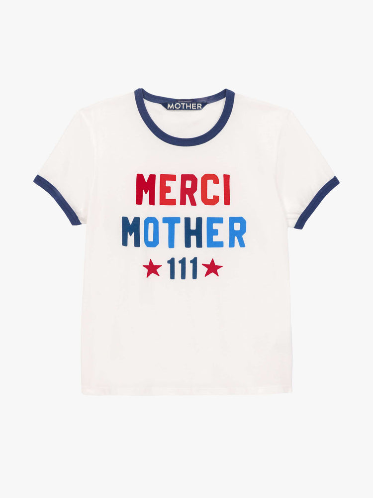 Flat view of a short sleeve tee is made from 100% supima cotton in white with navy trim, and features an oversized text graphic in red and blue on the front.
