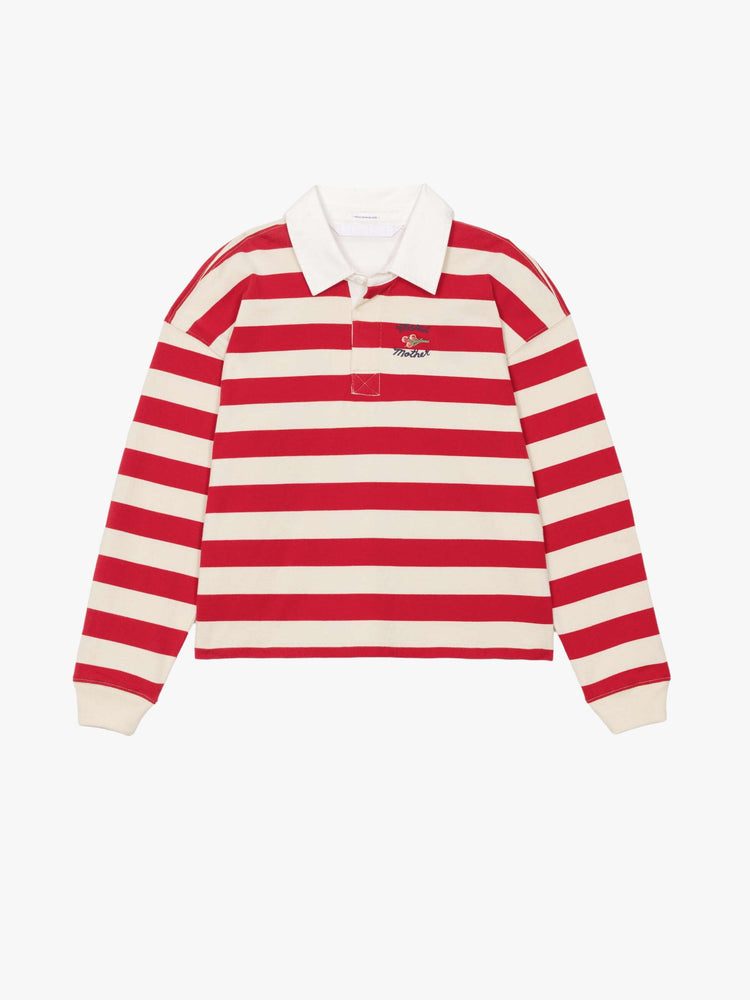 Flat view of a long-sleeve top in off-white and red stripes with embroidered text in navy and a small bouquet on the chest.