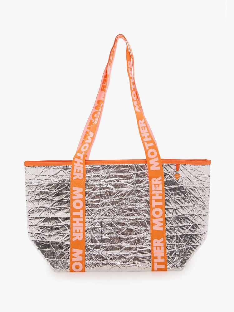 Flat view metallic silver with a branded orange-and-baby-pink strap and decorative heart charm, and measures 11-inches wide and 10-inches tall with a 5 1/2-inch gusset.