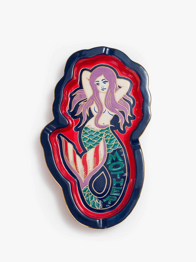 Flat of a ceramic tray, featuring a colorful mermaid.
