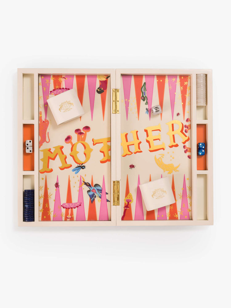 Flat view of classic backgammon board with colorful creatures, golden celestial details and crystal-like pips.