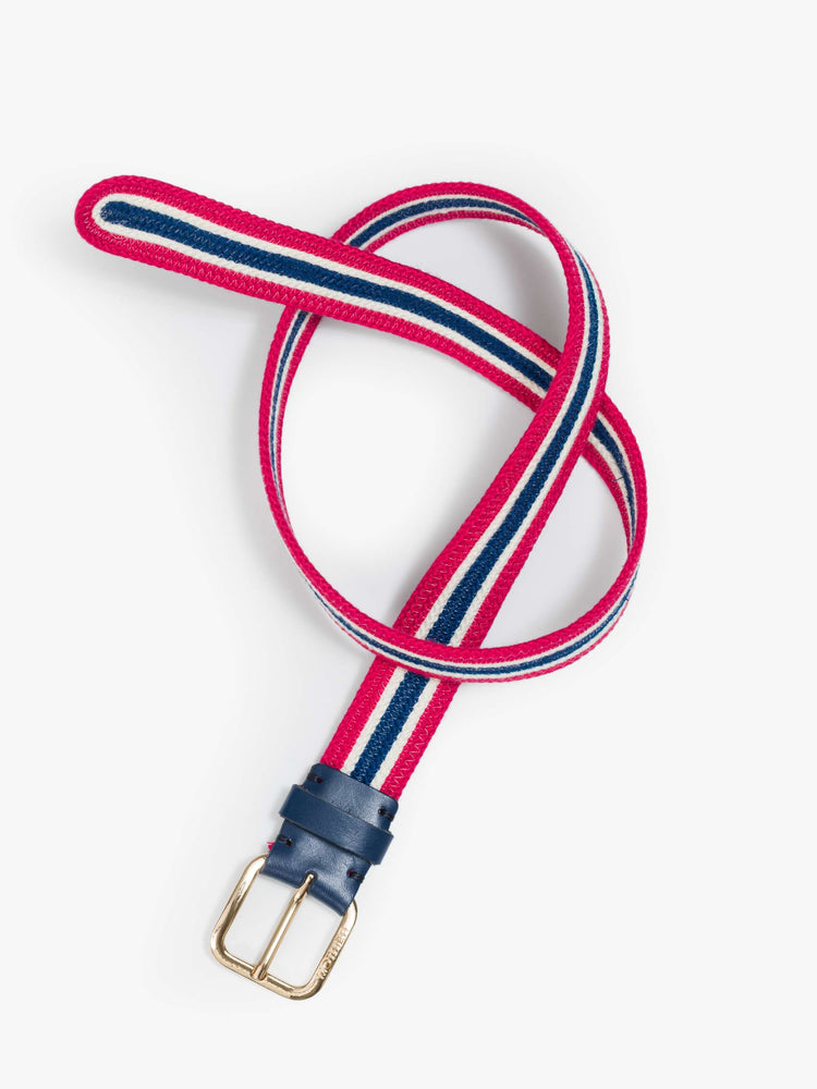 Flat view of a belt in shiny gold-colored buckle and vintage vibe in red, white and navy stripes.