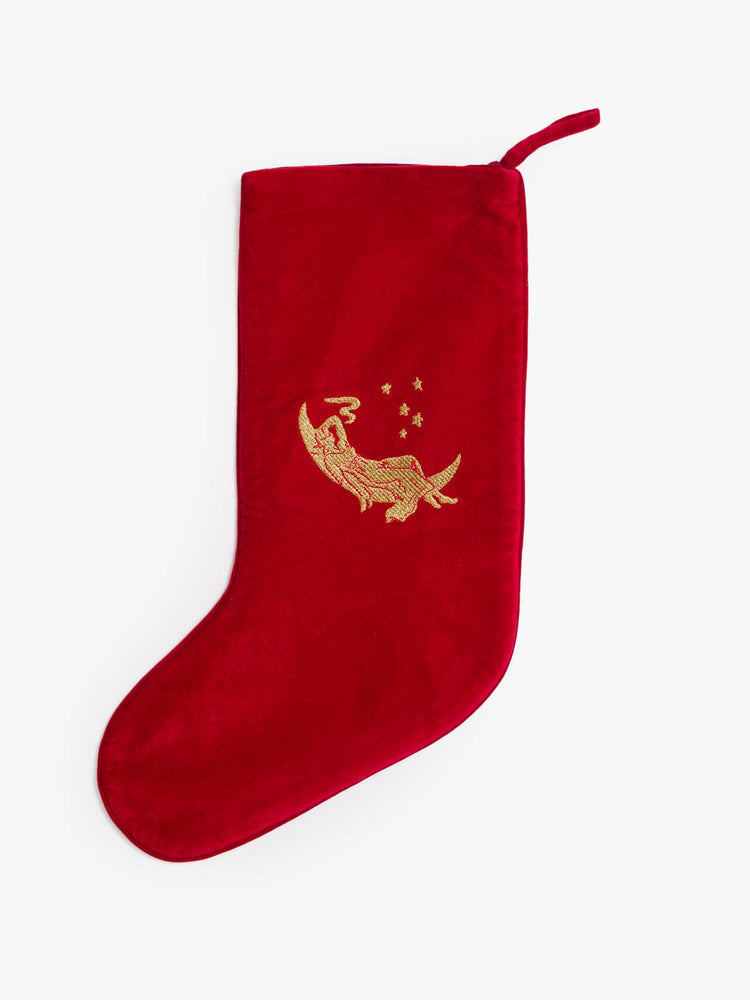 Back side MOTHER's take on the classic holiday stocking features a needlepoint landscape and an explicit message in red font across the top.