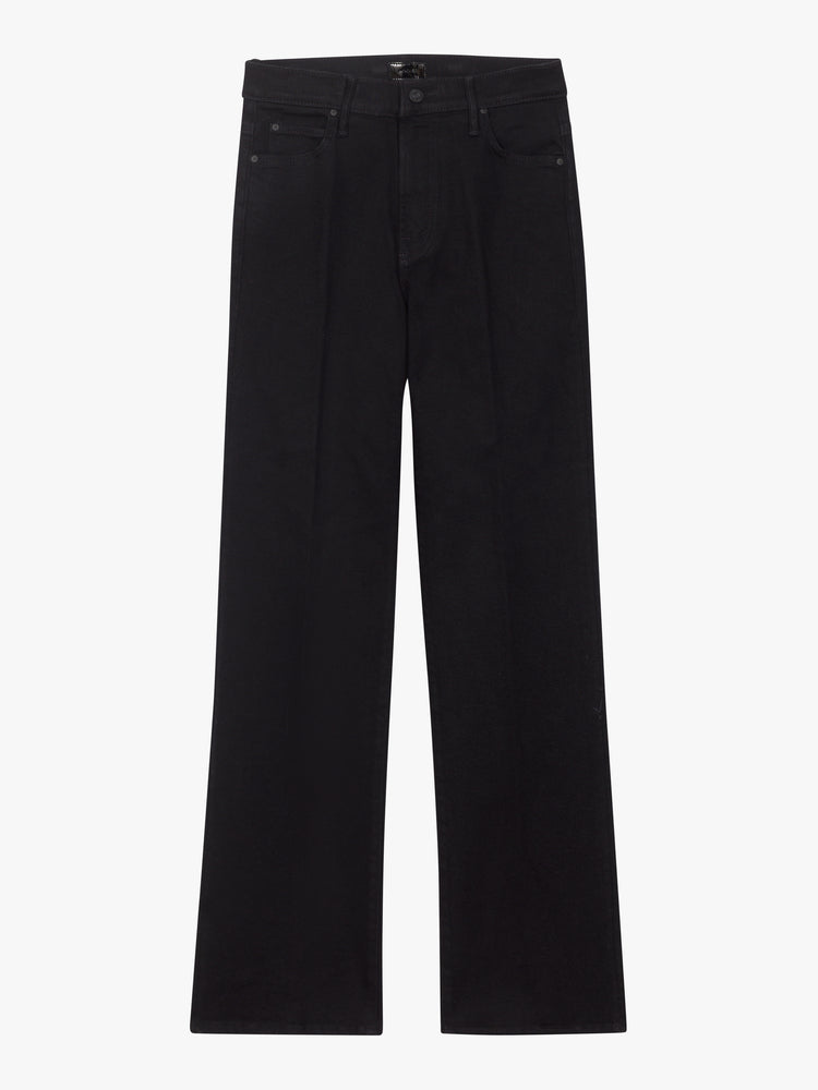 Flat view of a pair of black denim jeans with a straight leg.