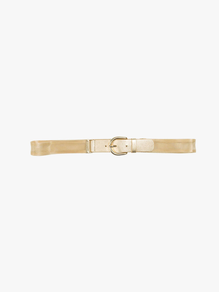 Flat view of wide belt made from 100% copper chainmail with a rounded gold-tone buckle.