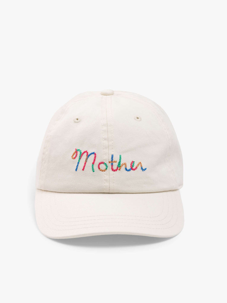 Flat view of a dad hat designed in white 100% cotton with MOTHER's name embroidered in rainbow text on the front.