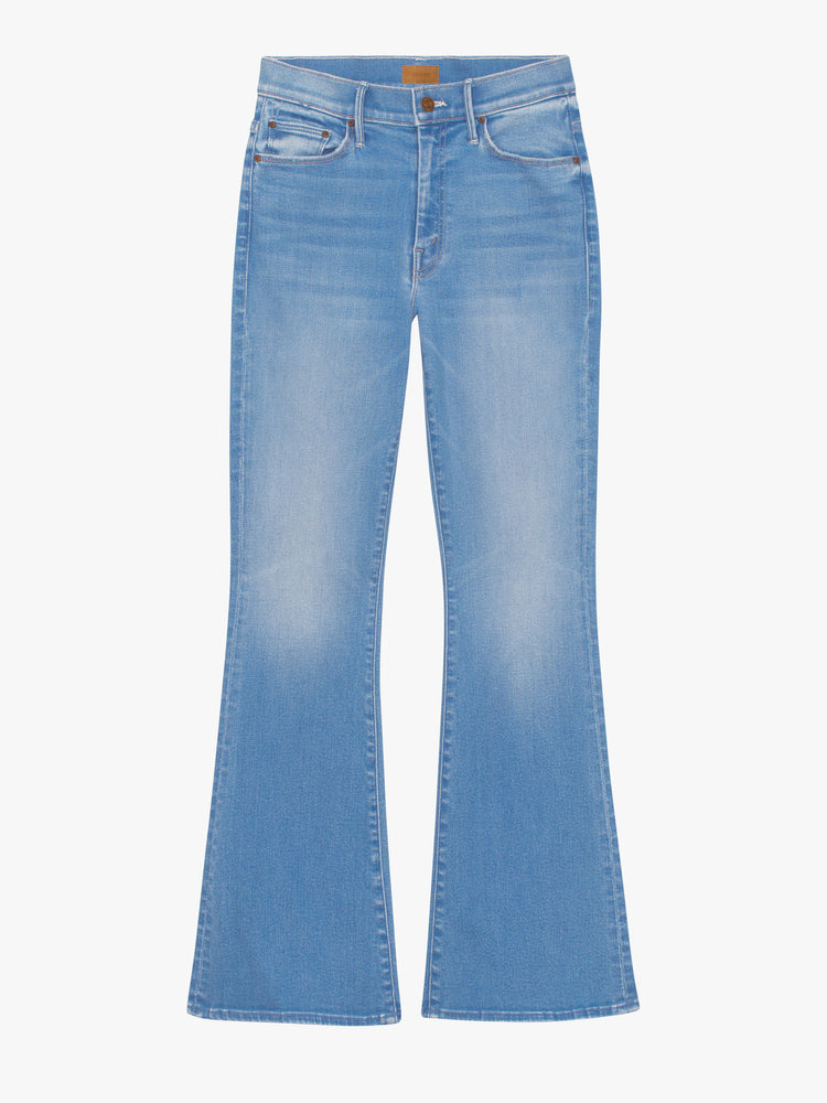 Flat view of a medium blue wash flare jean.