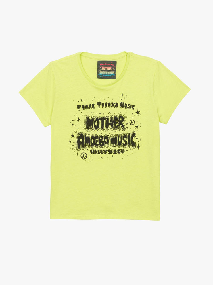 Front flat view of a woman in a lime green top features MOTHER's spin on the classic Amoeba Music logo in black on the front.