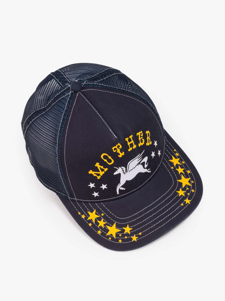 Flat view in a vintage-inspired trucker hat designed in navy with a Pegasus graphic and MOTHER's name in yellow on the front.