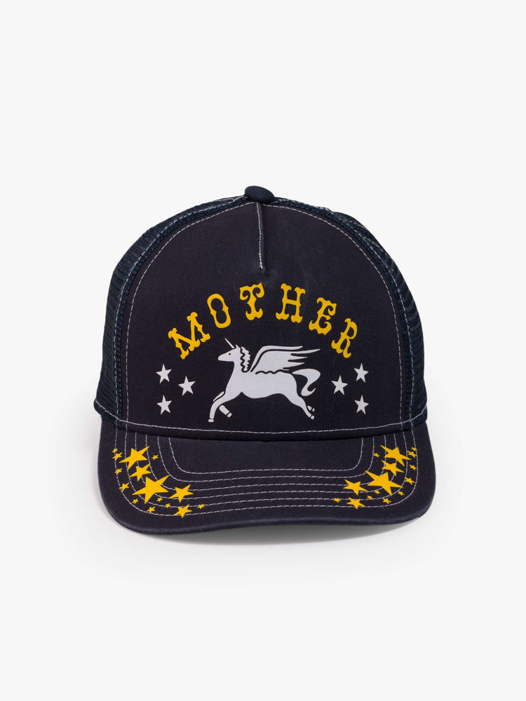 Flat view in a vintage-inspired trucker hat designed in navy with a Pegasus graphic and MOTHER's name in yellow on the front.