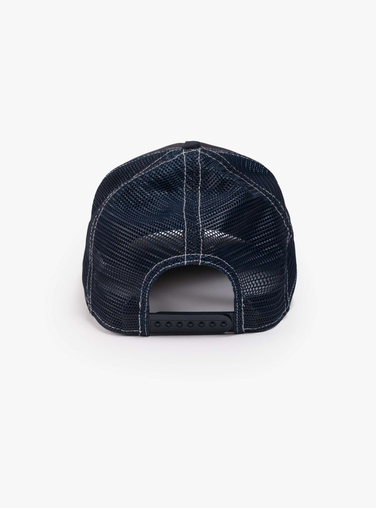 Back flat view in a vintage-inspired trucker hat designed in navy with a Pegasus graphic and MOTHER's name in yellow on the front.