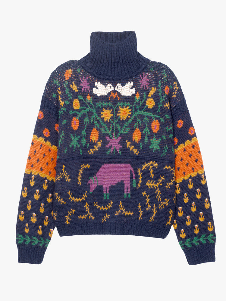 Flat view of an oversized navy turtleneck sweater with floral and animal motifs.