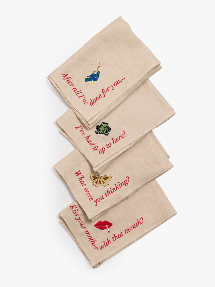 Flat view of  set of four 17-by-17-inch square napkins with MOTHER's signature touch. 