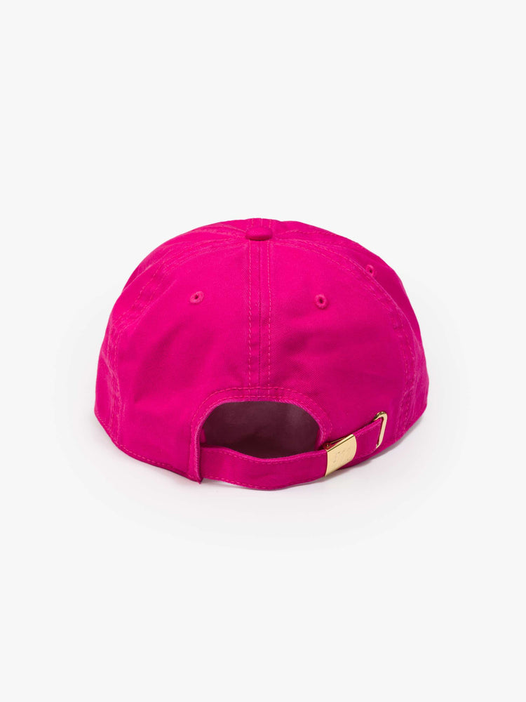 Back flat view of a dad hat designed in 100% cotton in hot pink with MOTHER's name embroidered in orange text on the front.