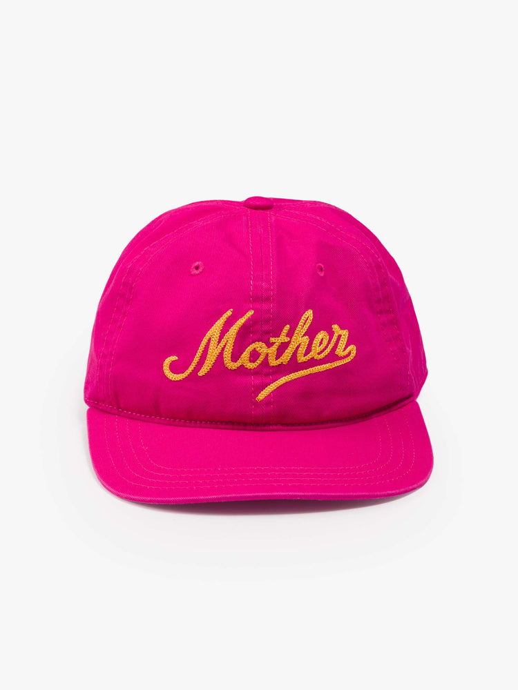 Flat view of a dad hat designed in 100% cotton in hot pink with MOTHER's name embroidered in orange text on the front.