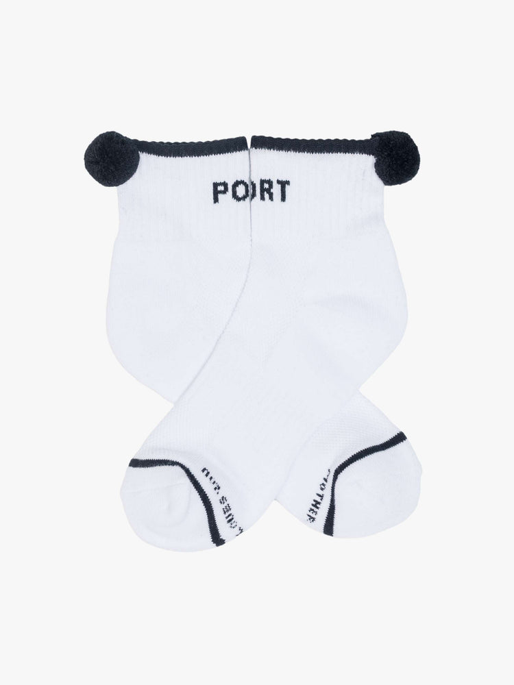 MOTHER'S classic tube sock now in an ankle style in white with black text and stripes.