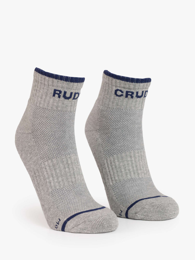 Flat MOTHER'S classic ankle-length tube sock in grey with navy text and trim.