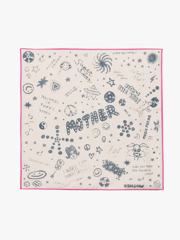 Flat view of an off-white with hot pink trim and faded blue doodles throughout scarf.