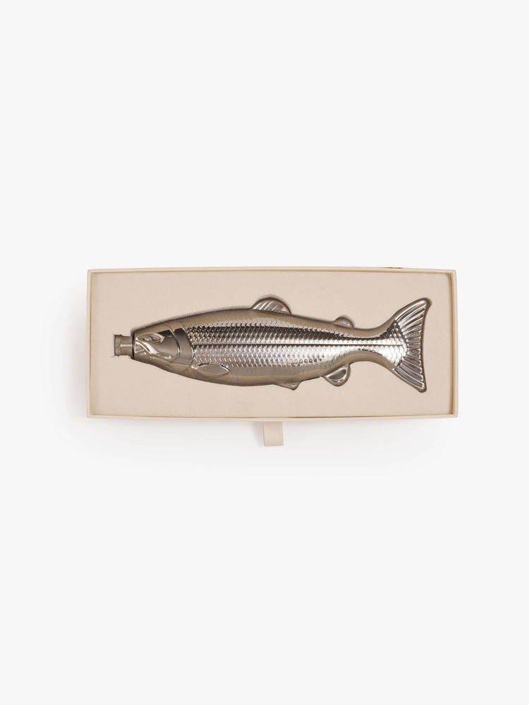 Flat view of the stainless steal fish flask in a box.