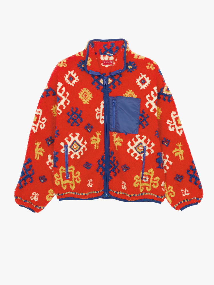 Flat view of a red fleece jacket with blue contrast trim and folk art inspired graphics.