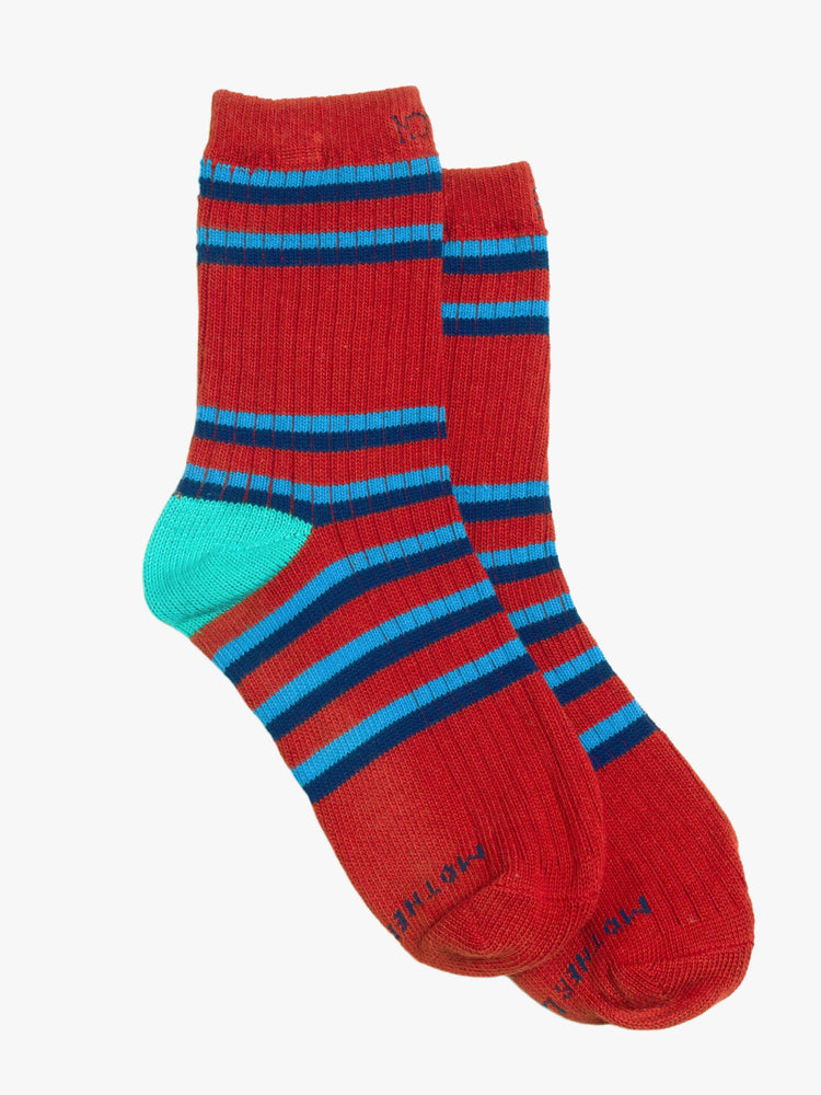 Flat view of a woman in a tube socks with a message from MOTHER. Shown here in red with blue stripes and text across the top.