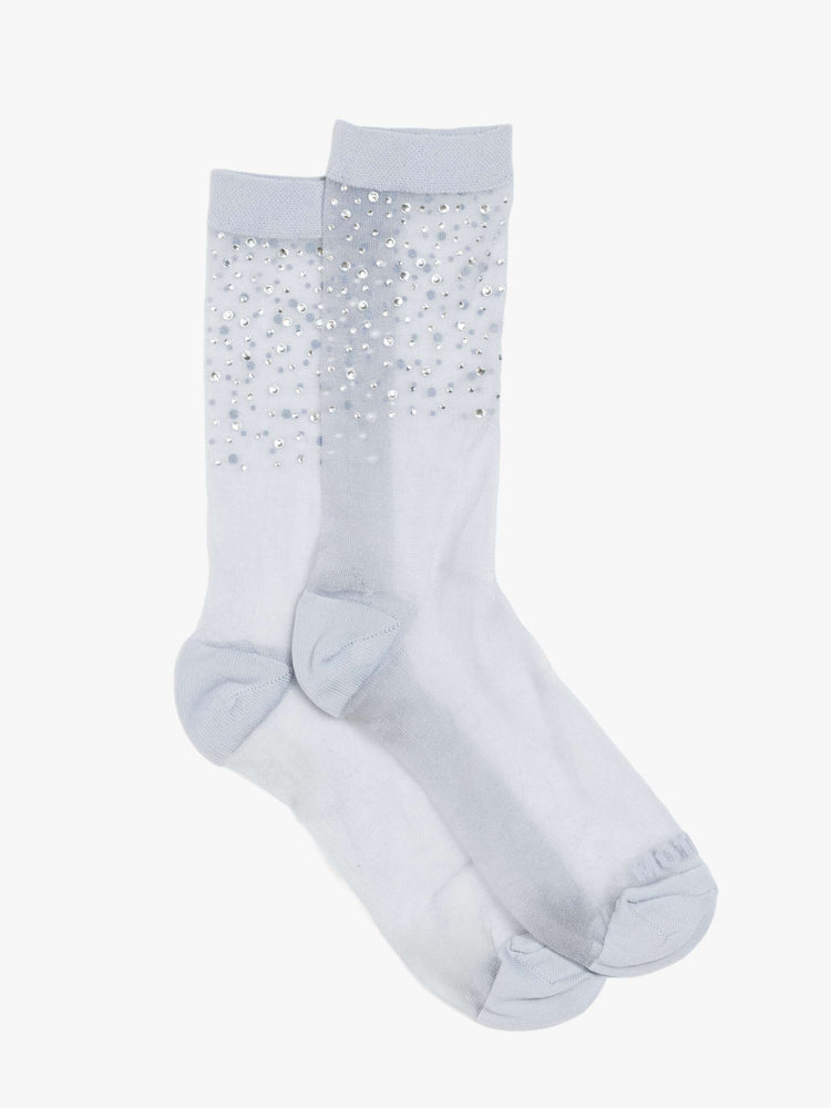 Flat close up tube socks designed in a sheer grey fabric with rhinestones at the ankle and MOTHER's name printed across the toes.