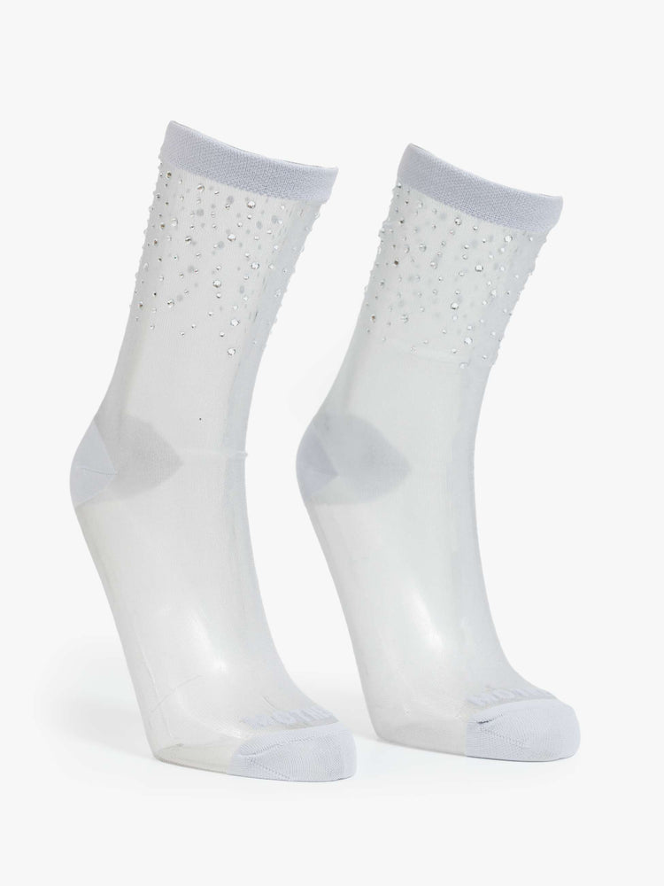 Flat tube socks designed in a sheer grey fabric with rhinestones at the ankle and MOTHER's name printed across the toes.