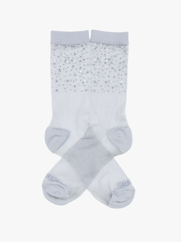 Flat tube socks designed in a sheer grey fabric with rhinestones at the ankle and MOTHER's name printed across the toes.