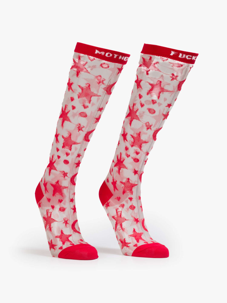 Flat view of a red see thru  Knee-high socks with a subtle message.