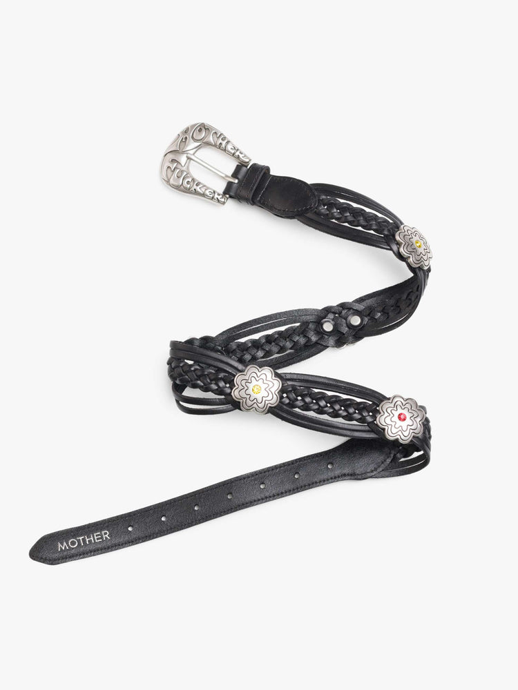 Flat view of a leather belt with an oversized silver buckle engraved with an explicit message from MOTHER.
