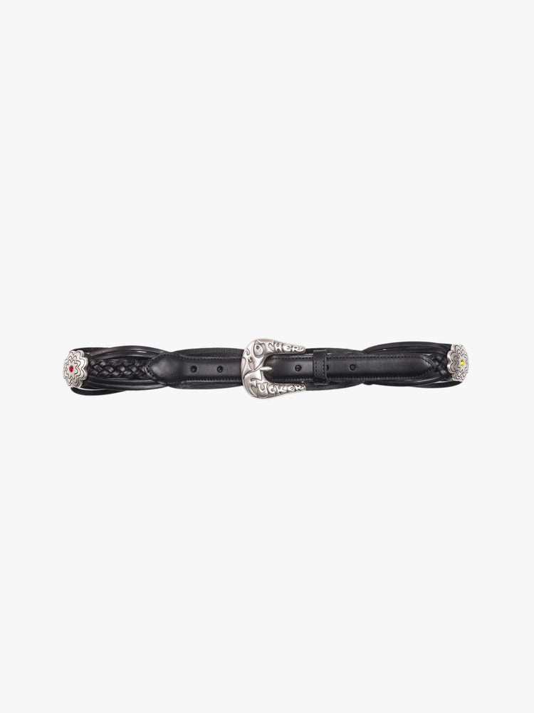 Flat view of a leather belt with an oversized silver buckle engraved with an explicit message from MOTHER.